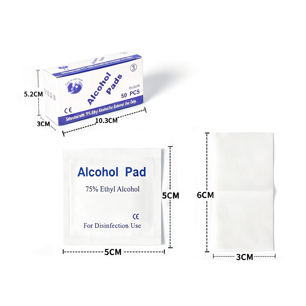 50 Buah/Kotak 75% Dibungkus Secara Individual 6X3Cm Tisu Etil Alkohol Desinfeksi untuk Pertolongan Pertama & Perawatan Pribadi