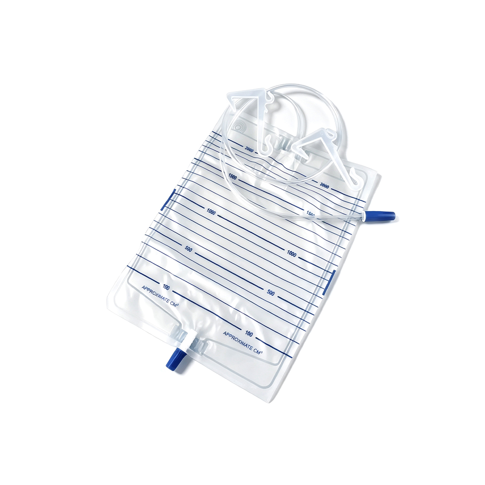 1000ml-2000ml Kantong Urin PVC Kelas Medis Premium dengan Gantungan Plastik Bertulang